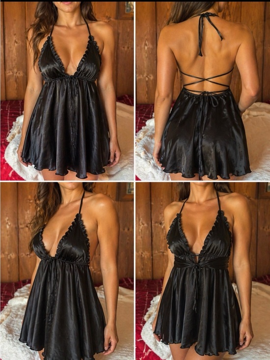 AvidLove Other - Avidlove Black Satin Babydoll Halter Chemise Crisscross Back XL NWT